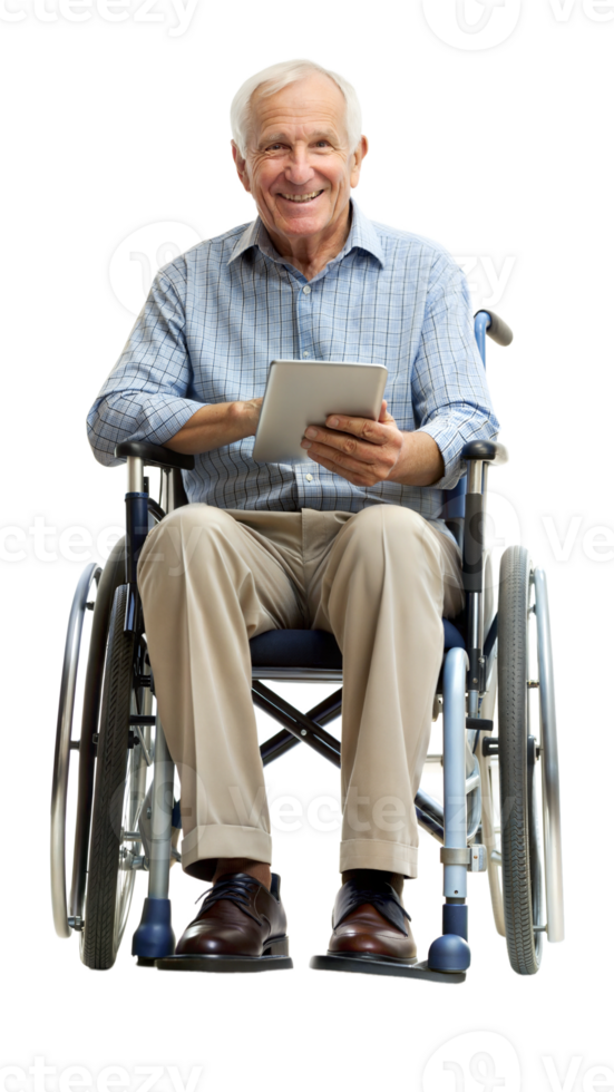Elderly man in a wheelchair using a tablet on a black background, symbol of technology and support. png