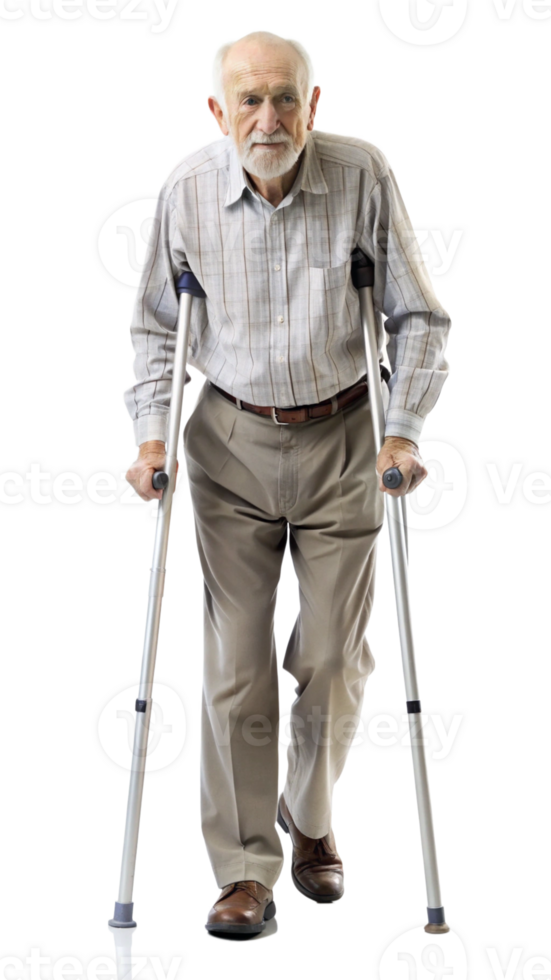 Elderly man walking with crutches on a black background, symbol of physical aid and mobility support. png