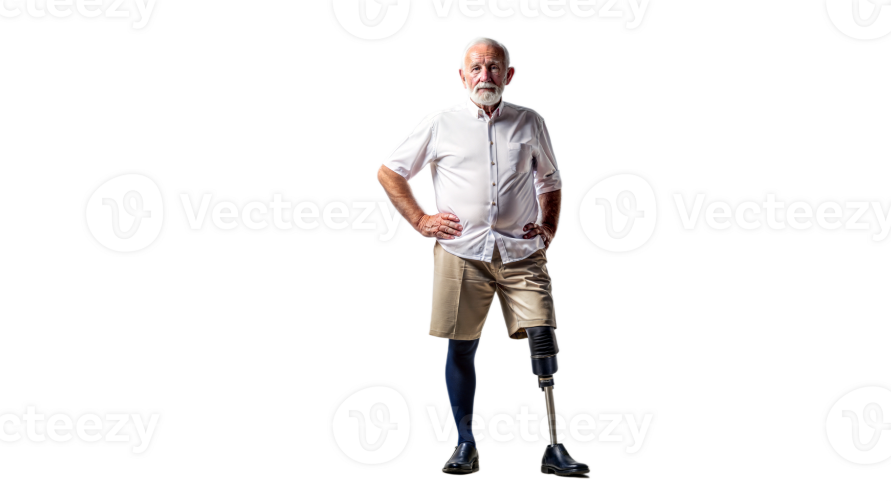 Elderly man with a prosthetic leg on a black background, symbol of mobility aid and rehabilitation. png