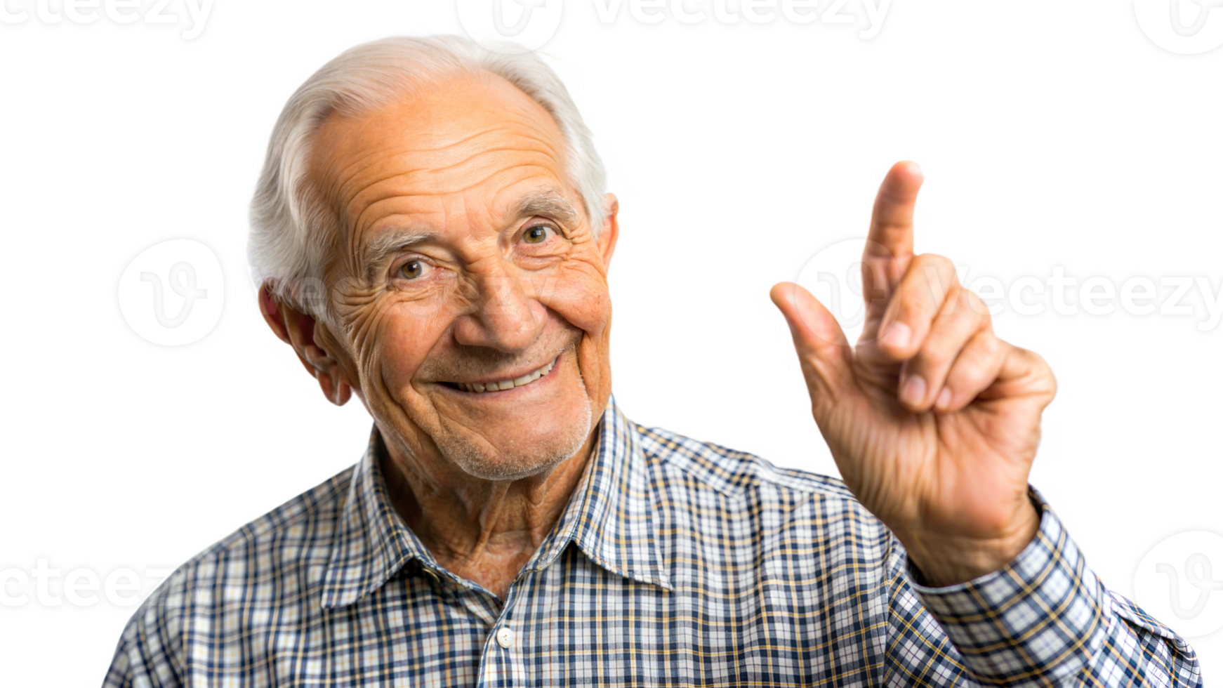 Smiling elderly man pointing upwards on a black background, symbol of positivity and joy in old age. png