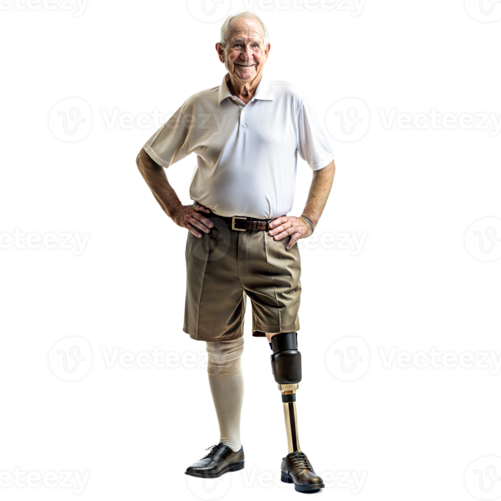 Elderly man with a prosthetic leg standing confidently on a black background, symbol of assistive technology and mobility. png