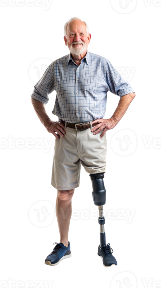 Smiling elderly man with a prosthetic leg on a black background, symbol of mobility and assistive technology. png