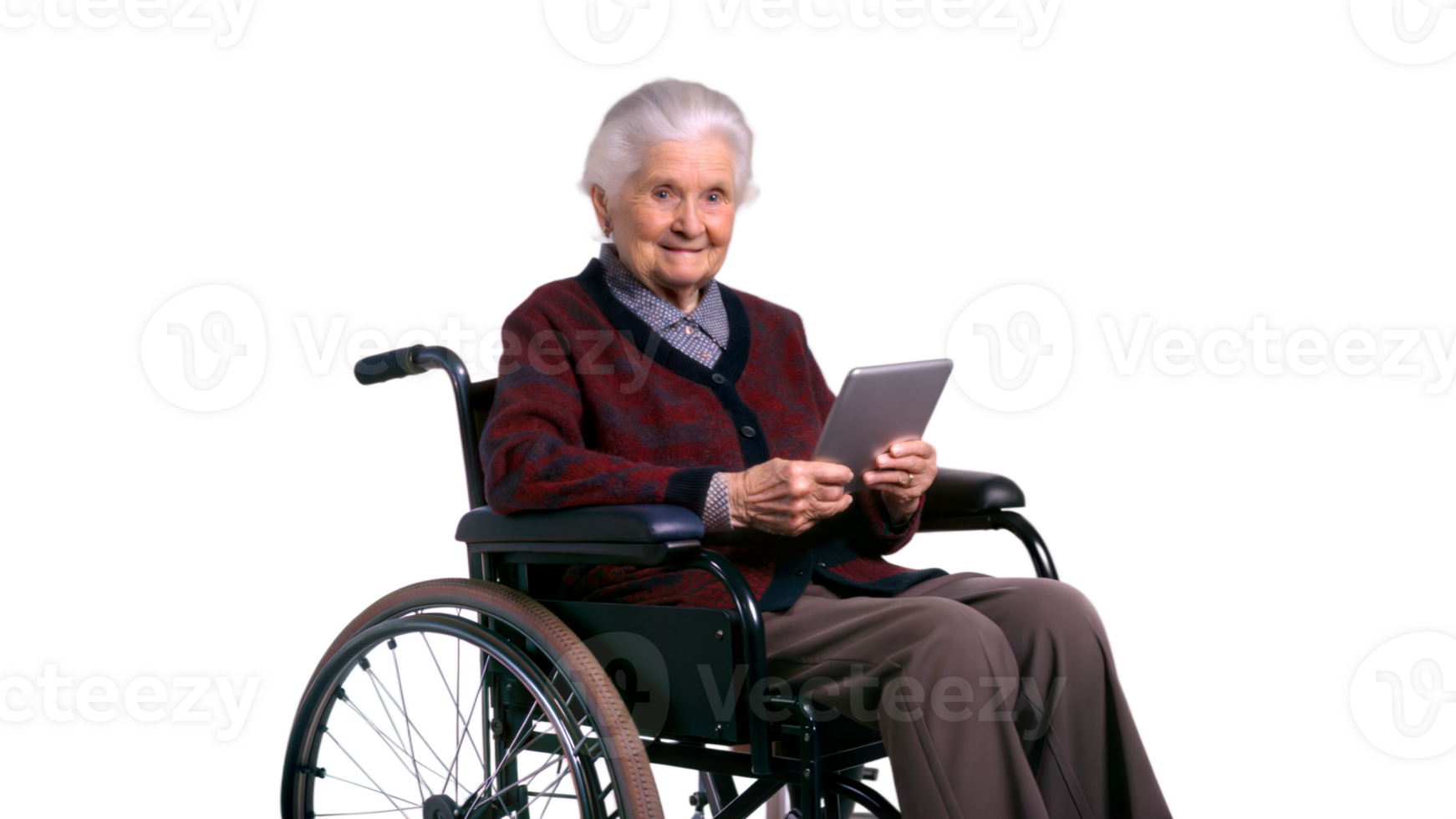 Smiling elderly woman in a wheelchair using a tablet on a black background, symbol of technology and accessibility. png