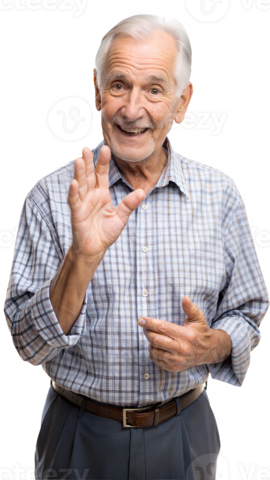 Elderly man making a hand gesture on a black background, symbol of sign language and communication in old age. png