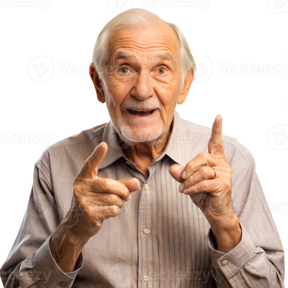 Smiling elderly man pointing forward on a black background, symbol of happiness and positivity in senior life. png