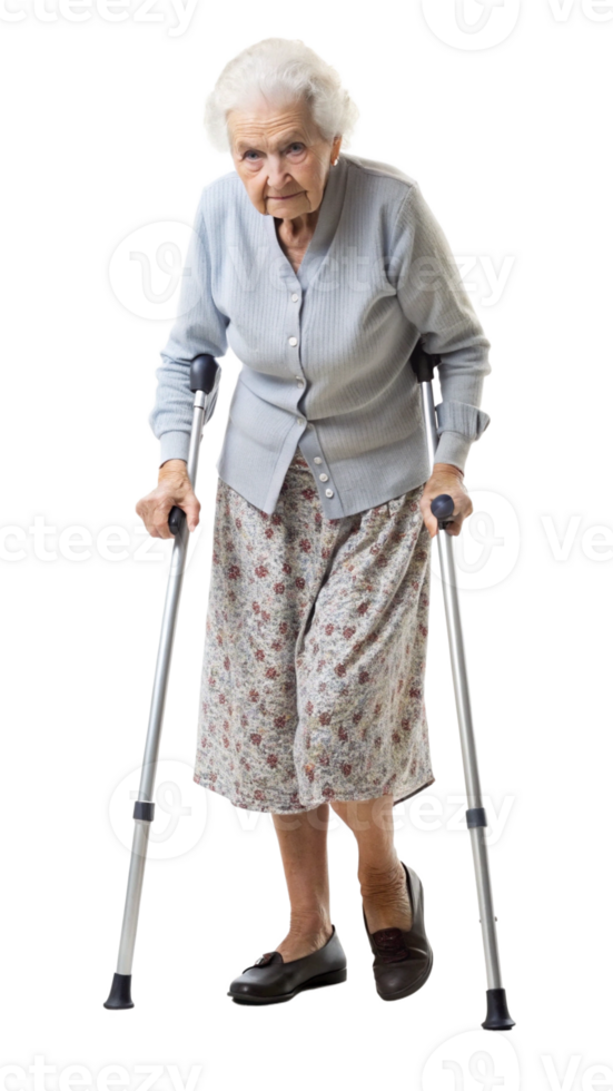 Elderly woman using crutches on a black background, symbol of mobility assistance and rehabilitation. png