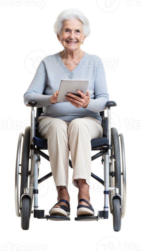 Elderly woman in a wheelchair smiling and using a tablet on a black background, symbol of assistive technology and support. png