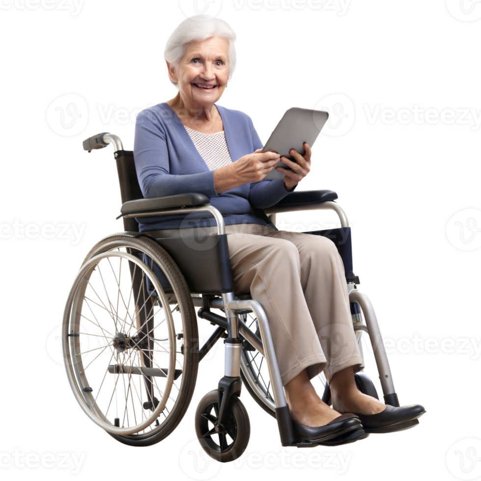 Smiling elderly woman in a wheelchair using a tablet on a black background, symbol of technology and assistive devices. png