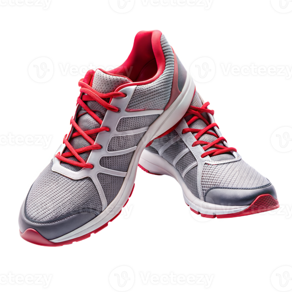 Pair of gray and red running shoes on a black background, symbol of athletic performance. png