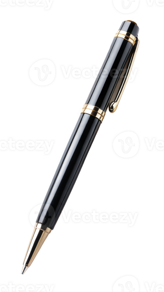 Black pen with gold details isolated on black background, symbolizing elegance and writing tools. png
