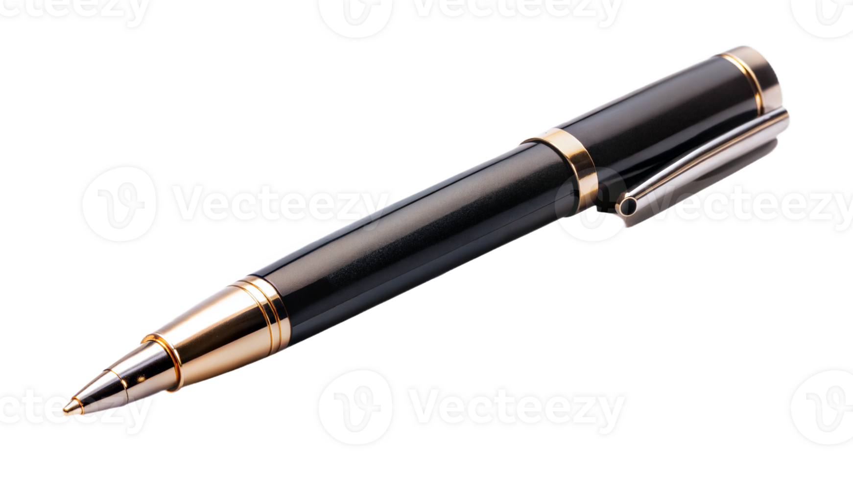 Elegant black ballpoint pen with gold accents on black, symbol of writing and professionalism. png