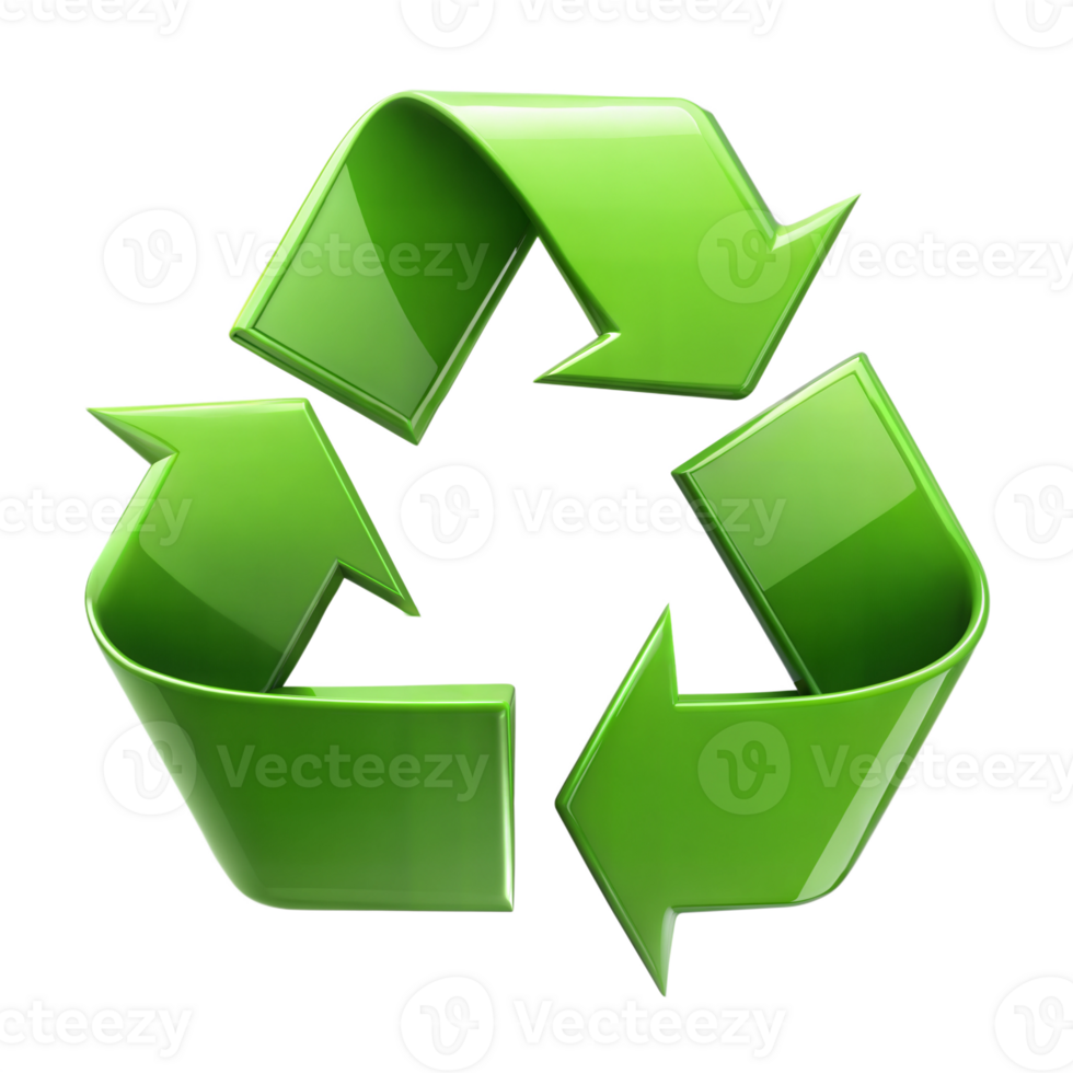 Green recycling symbol on black background, symbolizing eco friendly practices and sustainability. png