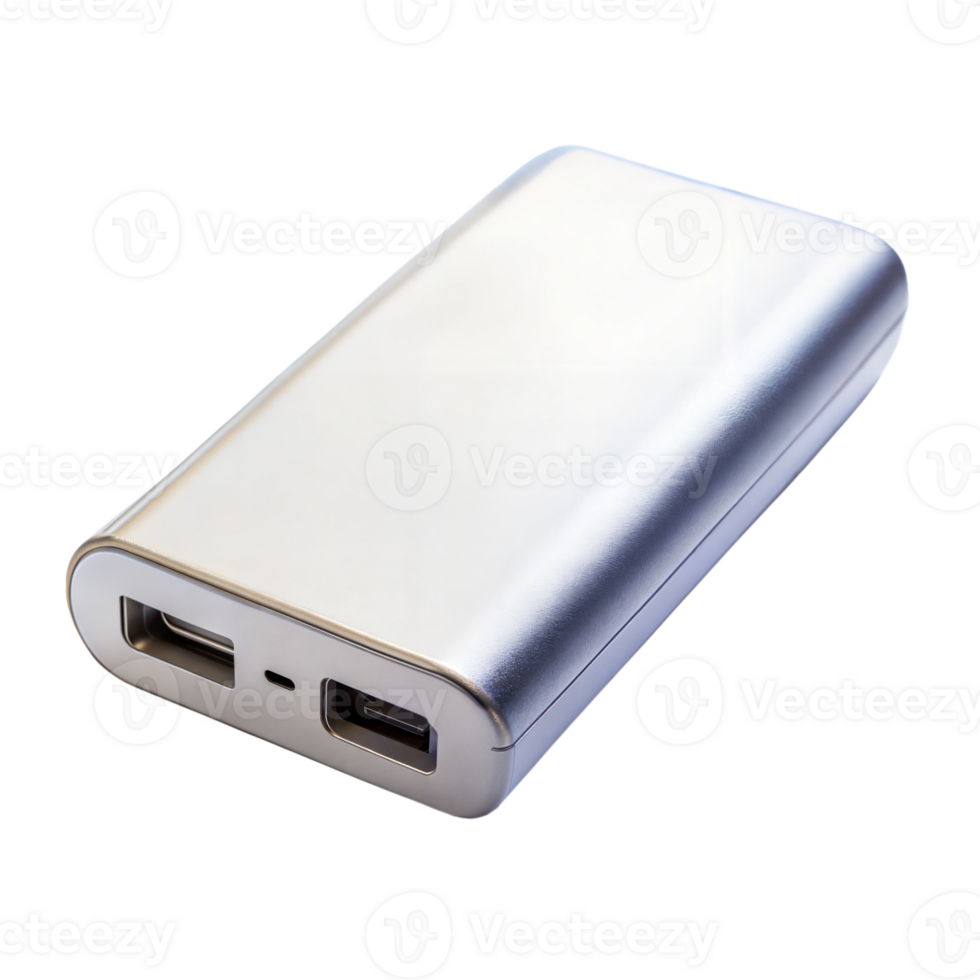 White portable power bank on black background, symbolizing charging and mobile tech. png