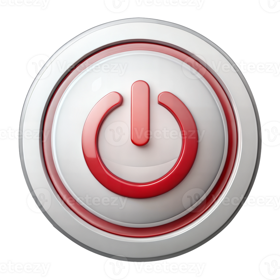 Red power button icon on white background, symbolizing energy control and digital functionality. png