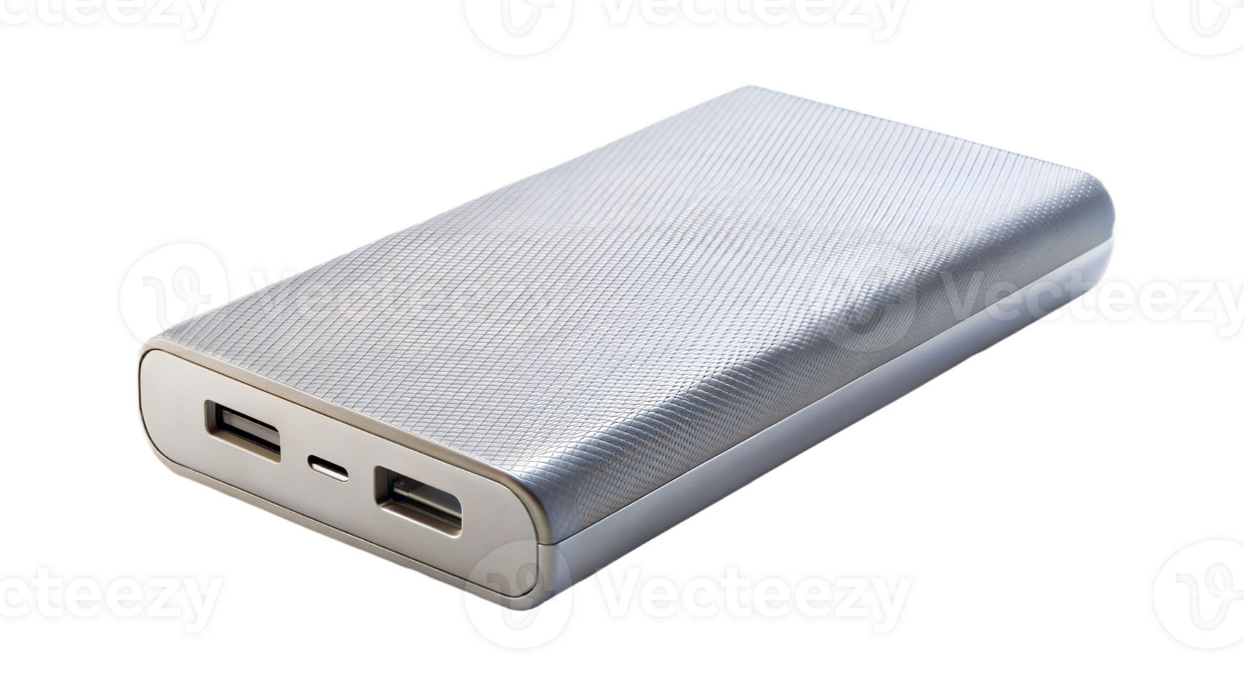 Portable silver power bank isolated on black background, symbolizing tech and device charging. png