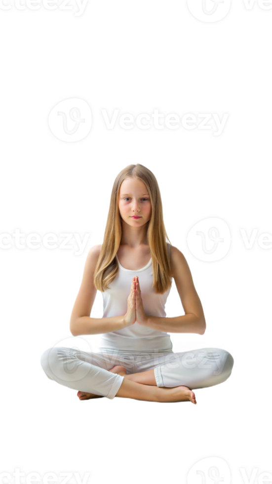 Young girl practicing meditation in a seated pose with hands resting on knees on a transparent background png