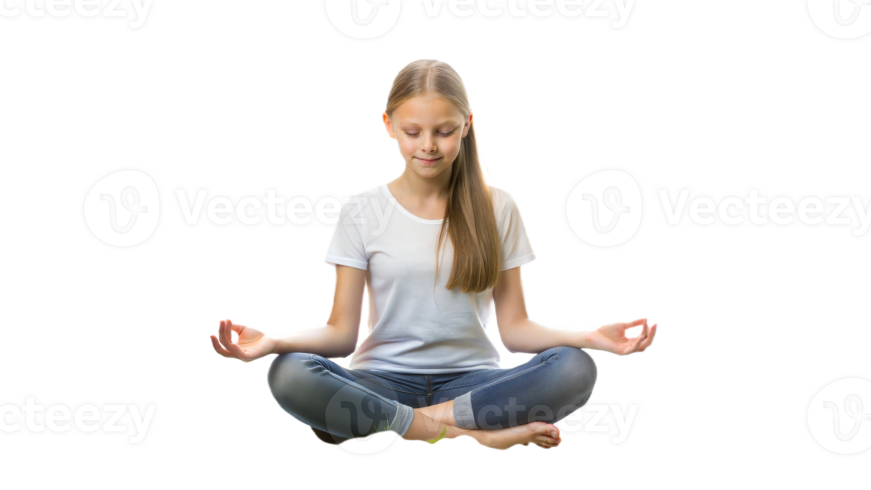 Young girl meditating in a seated pose practicing mindfulness and relaxation on a transparent background png