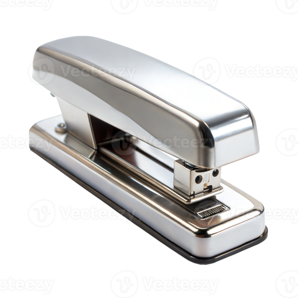 Shiny silver stapler isolated on a black background symbolizing office, work, and stationery. png