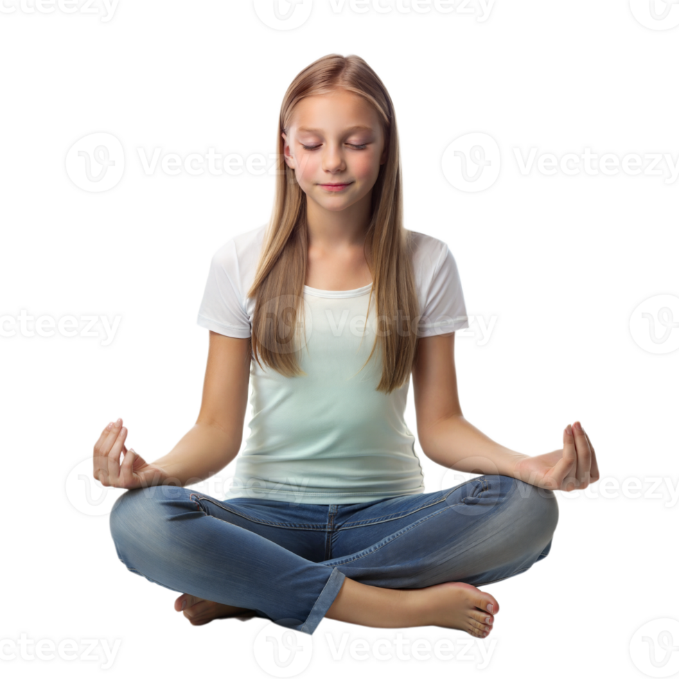 Teenage girl meditating in lotus position focusing on mindfulness on a transparent background png