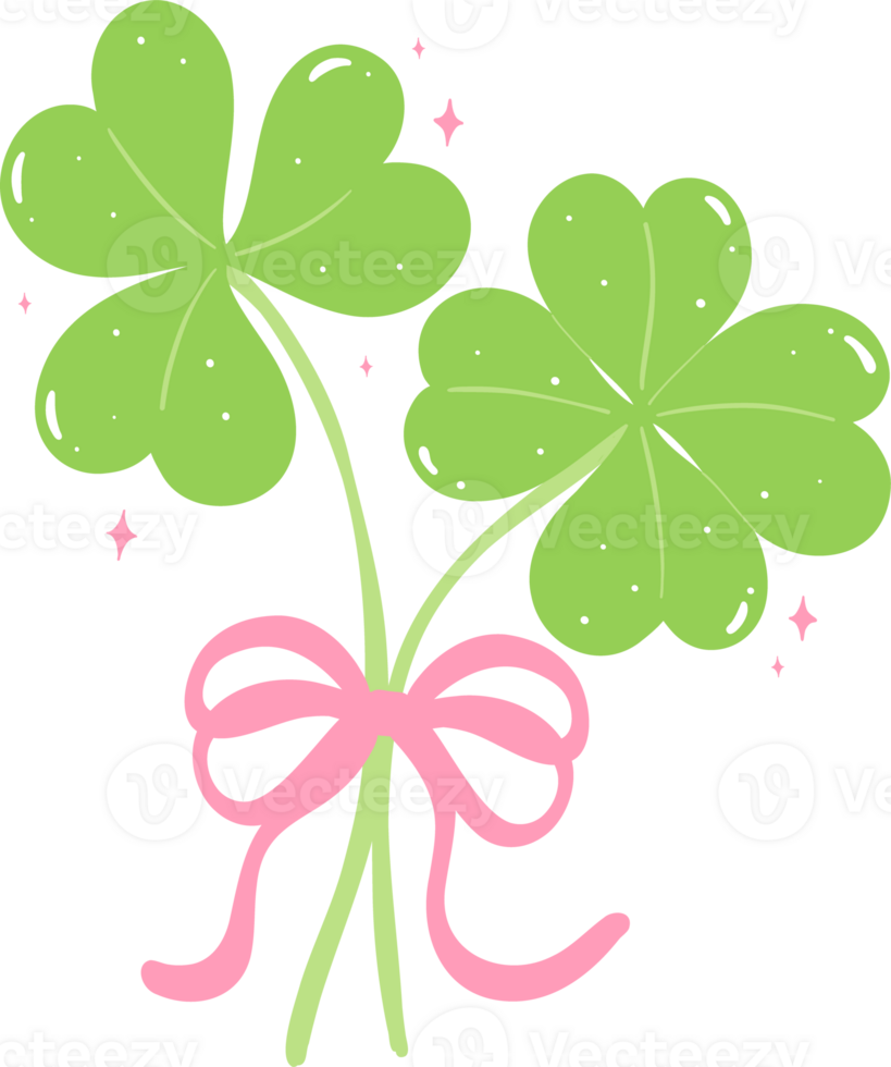 Coquette four Leaf Clover and Shamrock with pink ribbon bow png