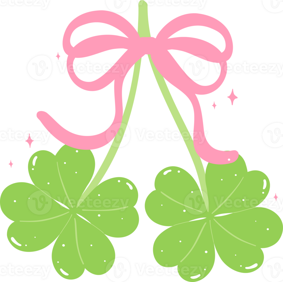Retro Coquette 4 Leaf Clover cherries liked with pink ribbon bow png