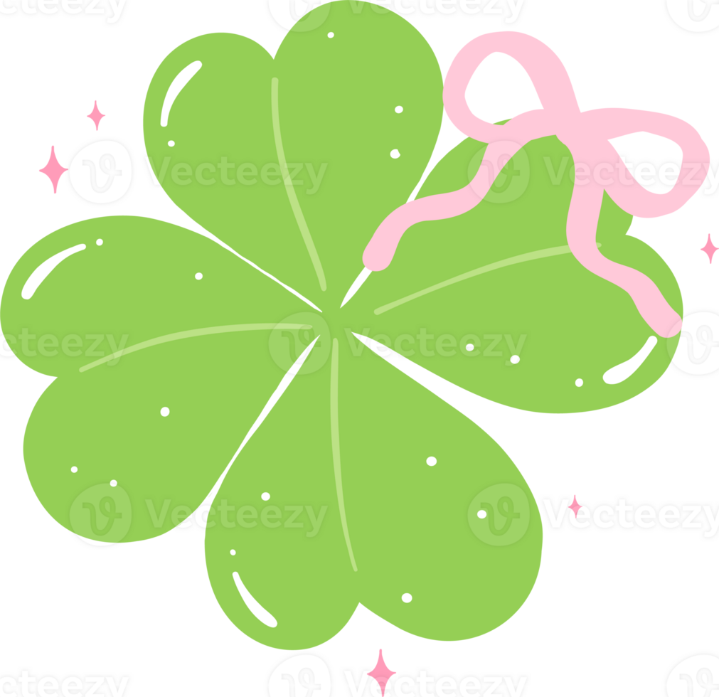 Retro Coquette 4 Leaf Clover with pink ribbon bow png