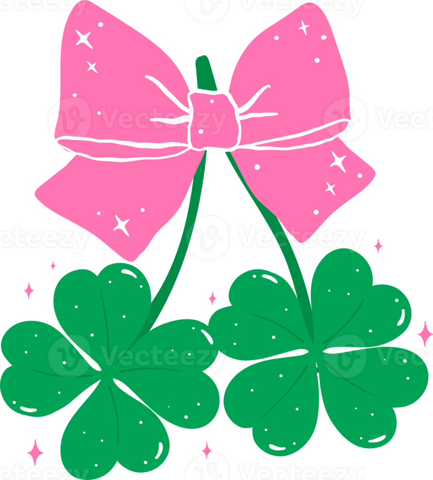 Coquette St Patrick 4 Leaf Clover with Pink Bow Flat Design png