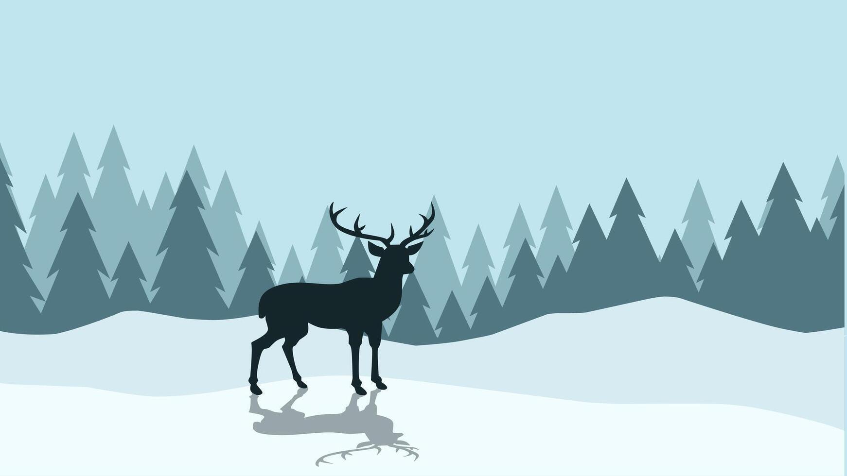 Wildlife landscape of reindeer in a winter scenery. Panoramic view of reindeer on a snowy hill with coniferous trees. Illustration of scenic landscape with reindeer on cold season vector