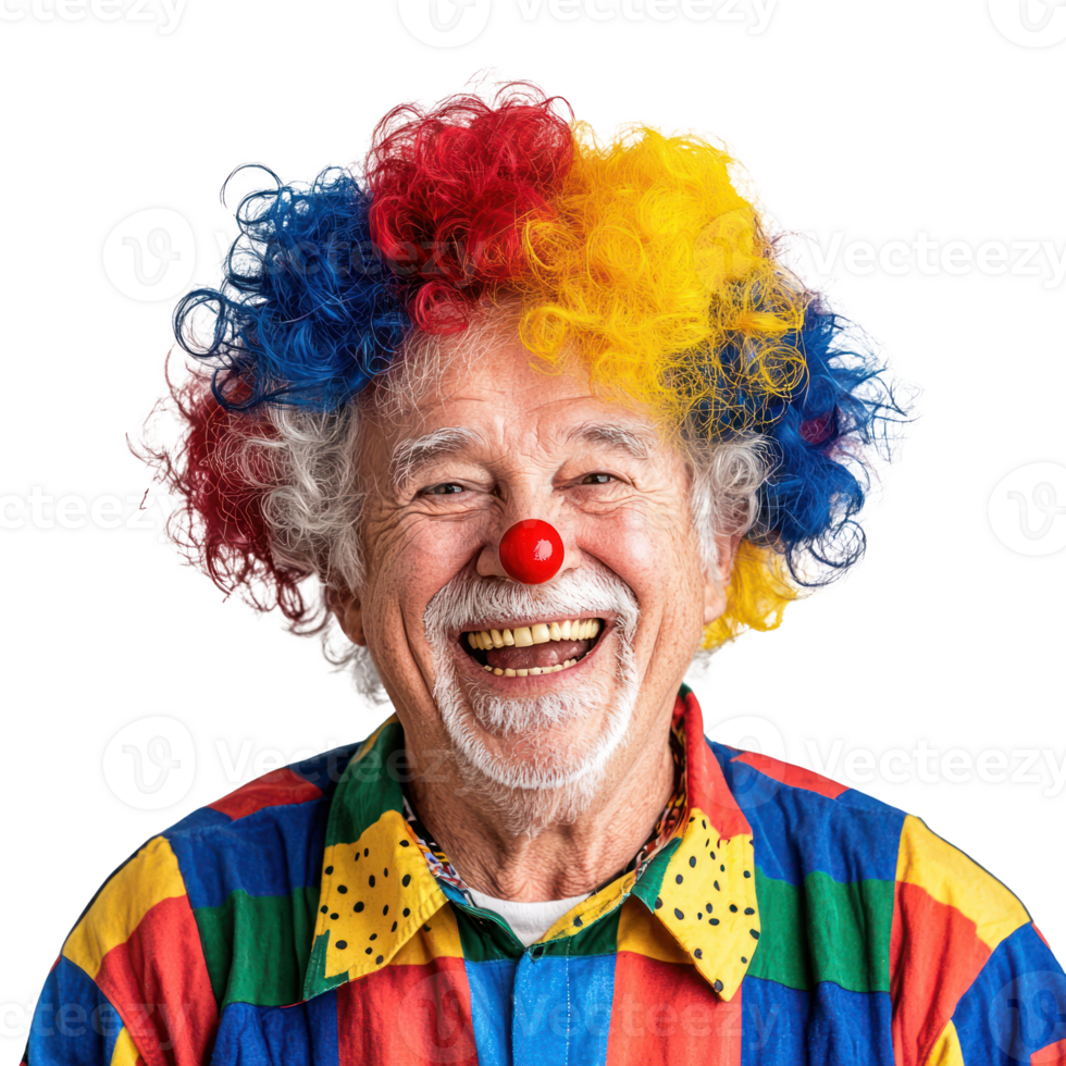 Smiling senior man wearing clown curly wig colorful celebrating april fool, standing isolate on transparent background png