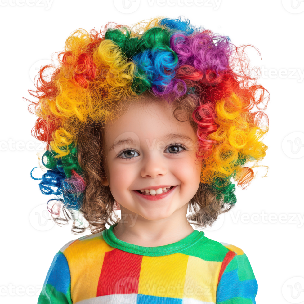 Smiling little girl wearing clown curly wig colorful celebrating april fool, standing isolate on transparent background png