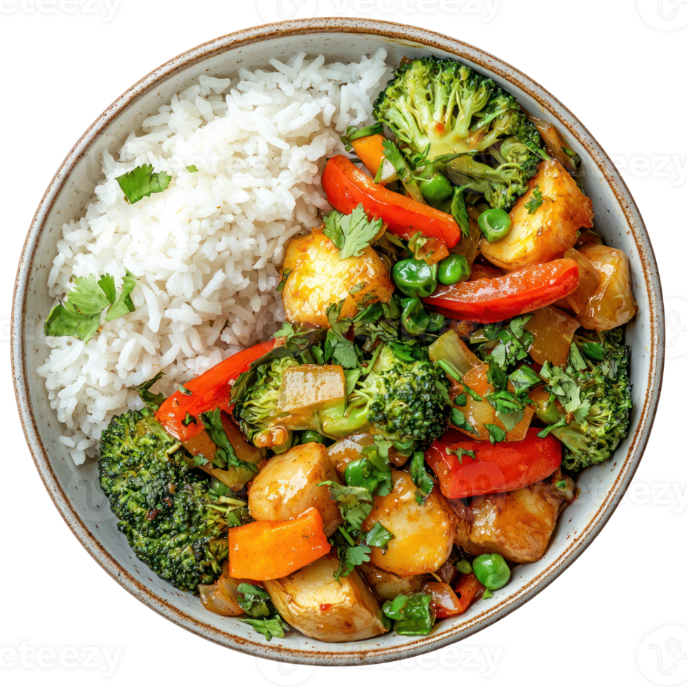 Vegetable Stir-Fry with Rice top view isolate on transparent background png