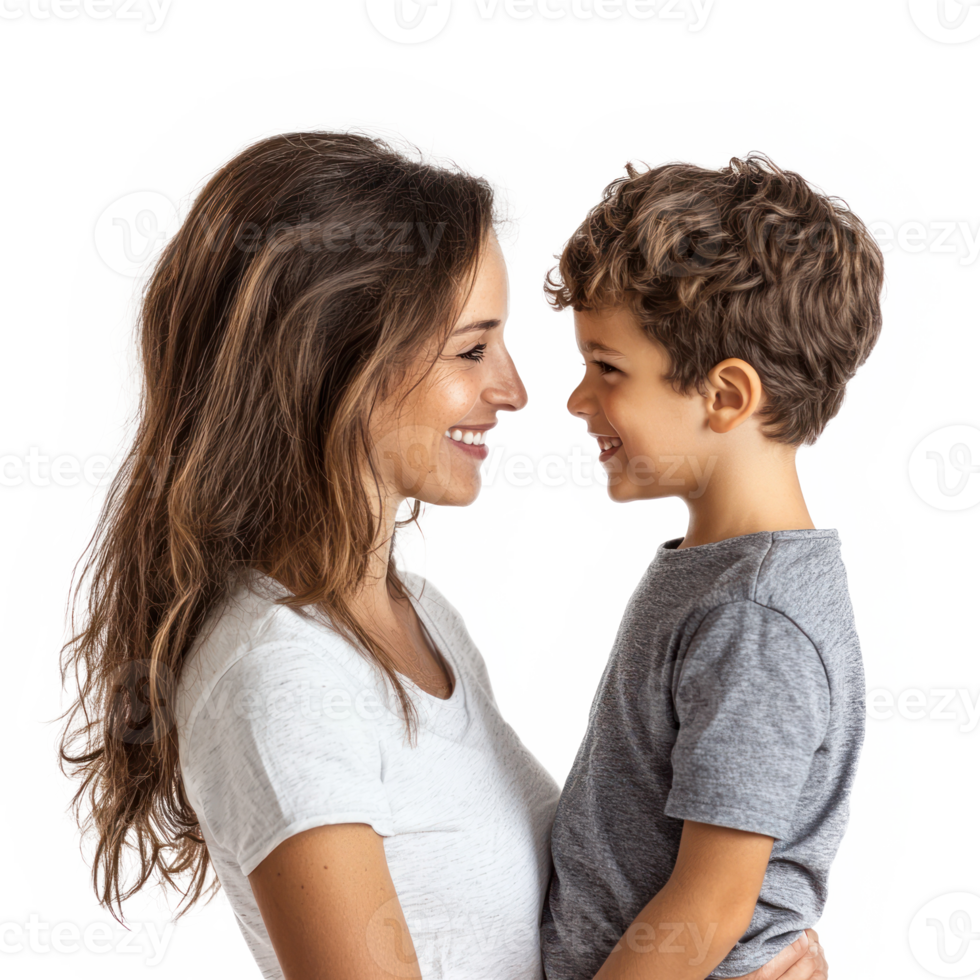 Mother and son celebrating mother day, standing side view isolate on transparent background png