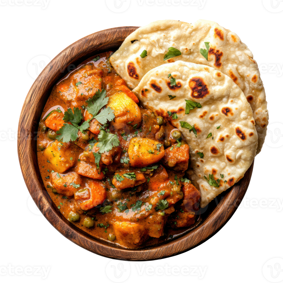 Vegetable Curry with Naan top view isolate on transparent background png
