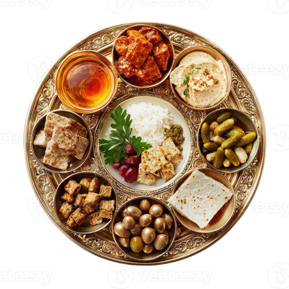 a plate with a variety of food on isolate on transparent background png