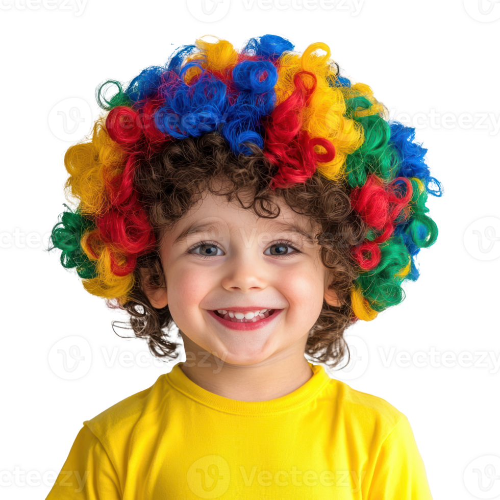Smiling little boy wearing clown curly wig colorful celebrating april fool isolate on transparent background png