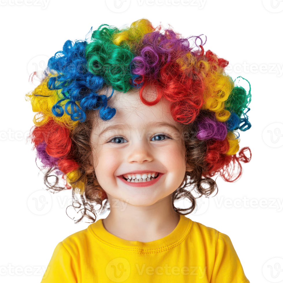 Smiling Little girl wearing clown curly wig colorful isolate on transparent background png
