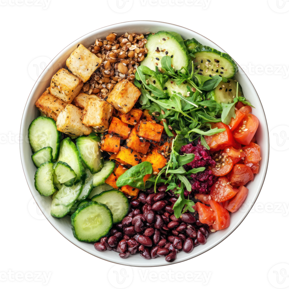 a bowl of vegetables and tofu on a white plate png