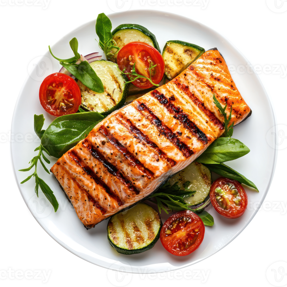 Grilled Salmon with Vegetables top view isolate on transparent background png