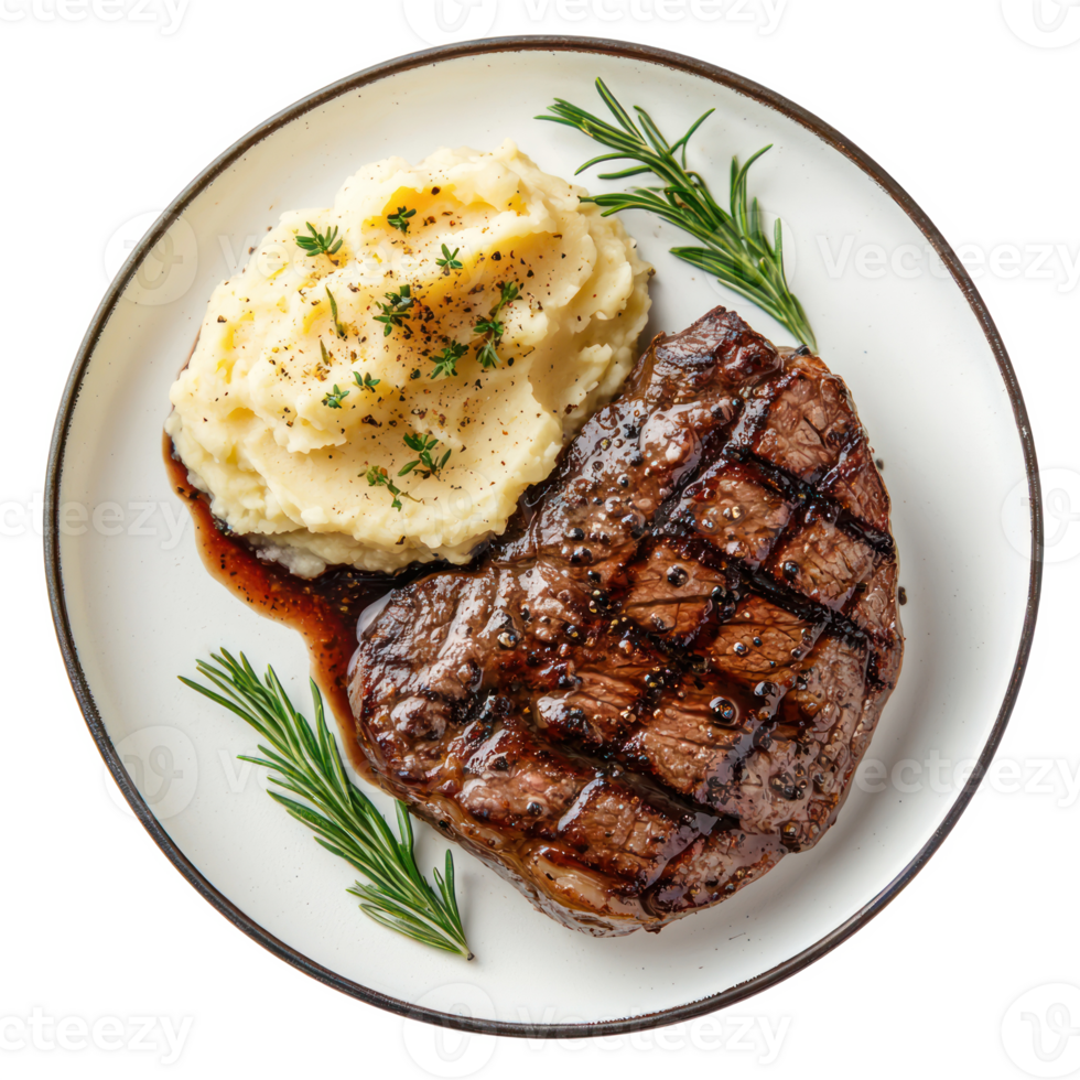 Steak with Mashed Potatoes top view isolate on transparent background png
