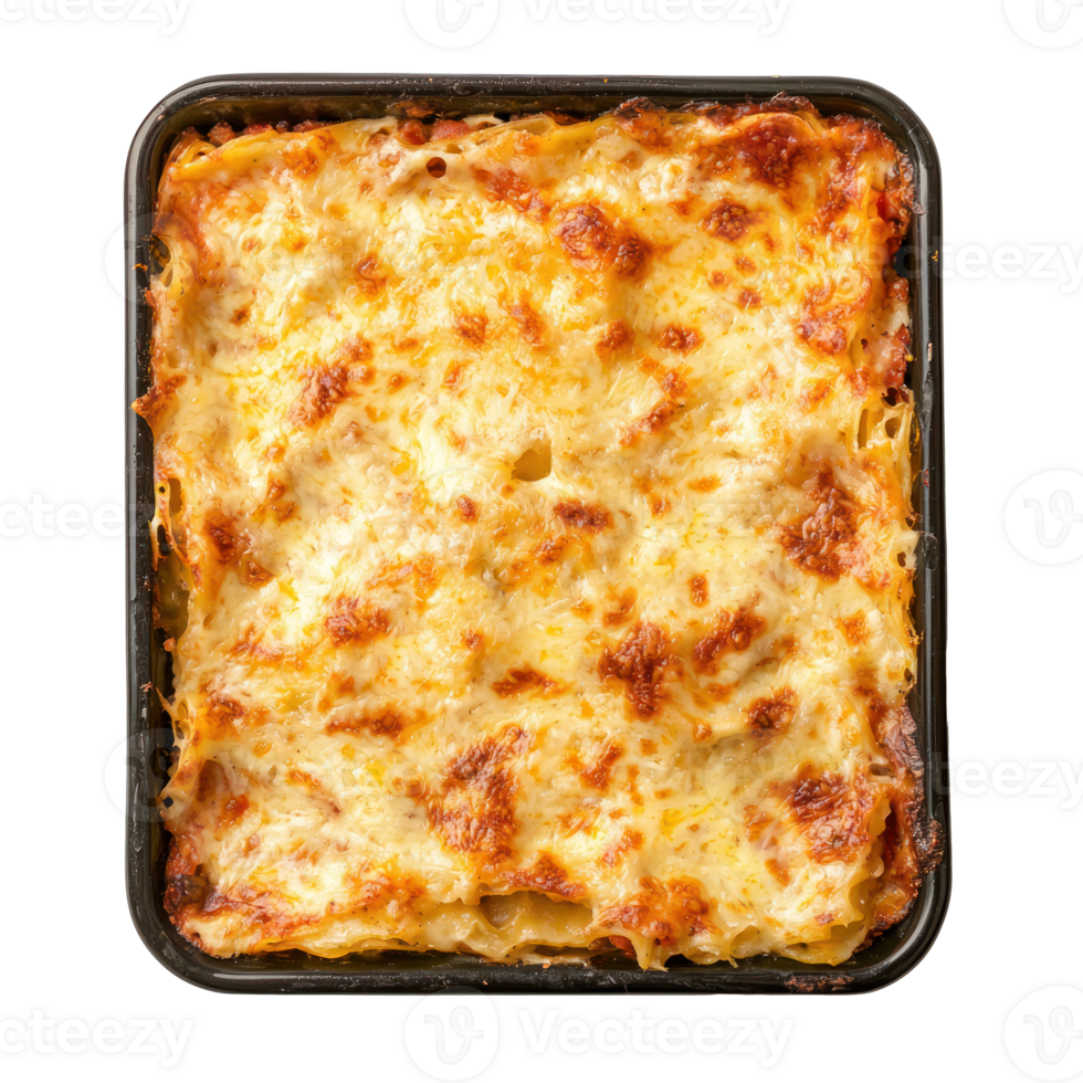 baked lasagna in a square baking dish on a transparent background png