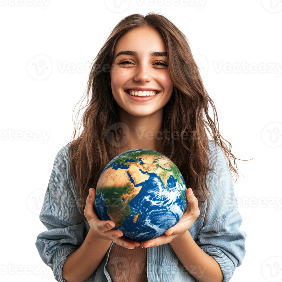 Smiling young woman holding earth, Earth day celebration side view isolate on transparent background png