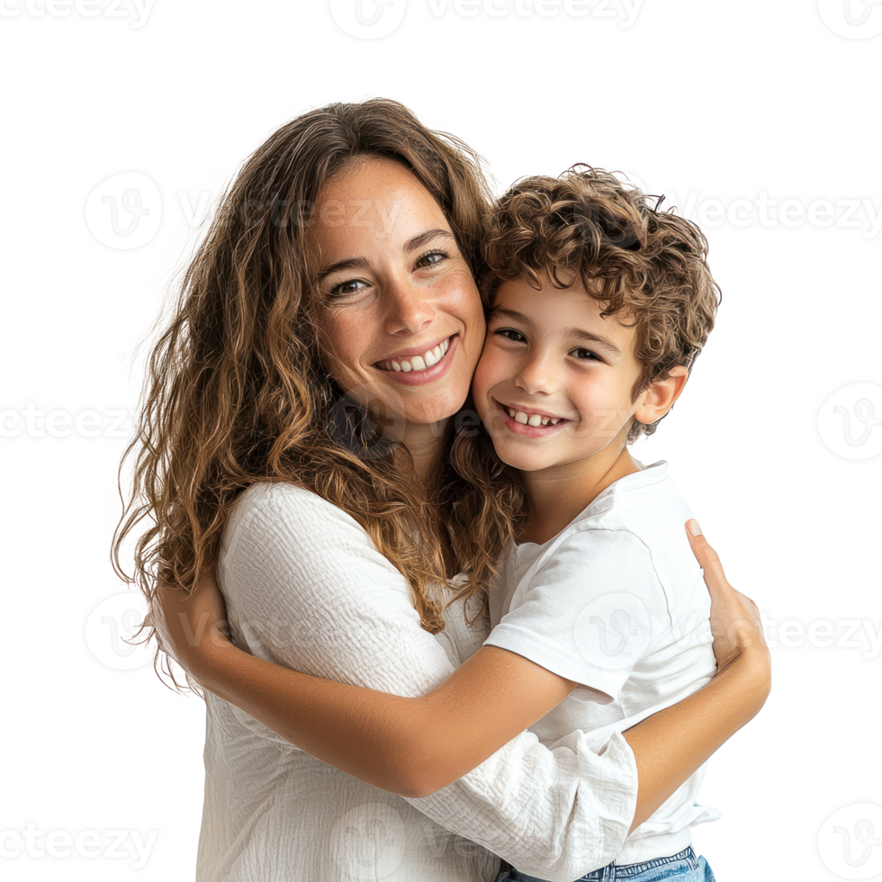 Mother and son celebrating mother day, standing isolate on transparent background png