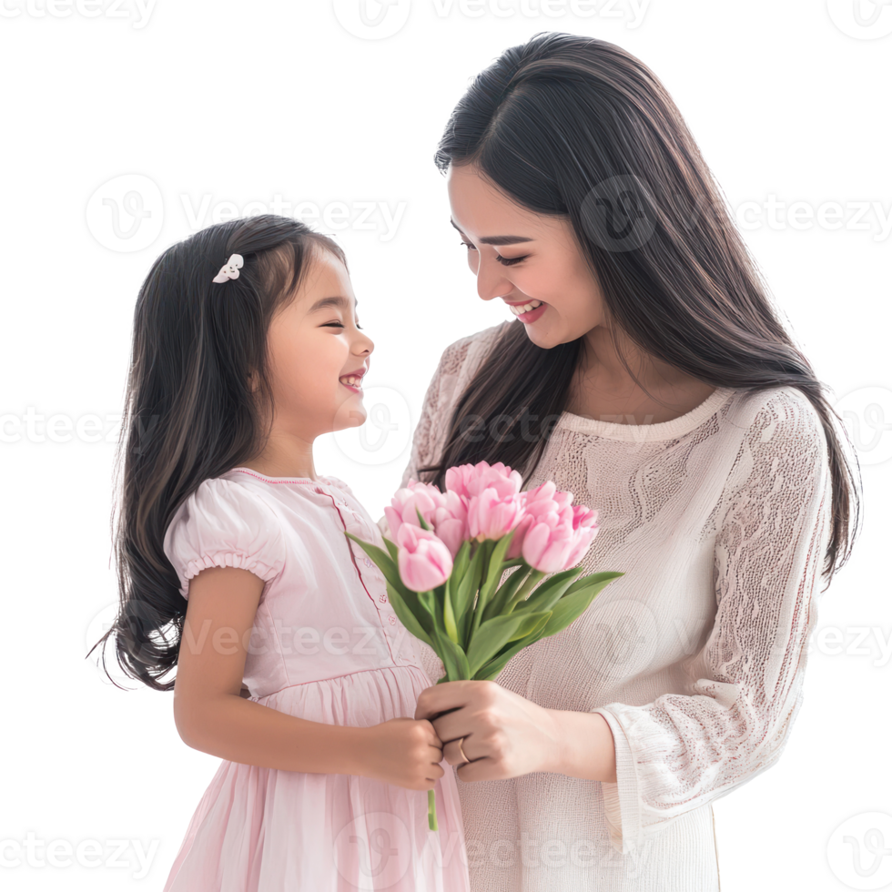 Mother and daughter celebrating mother day, standing isolate on transparent background png
