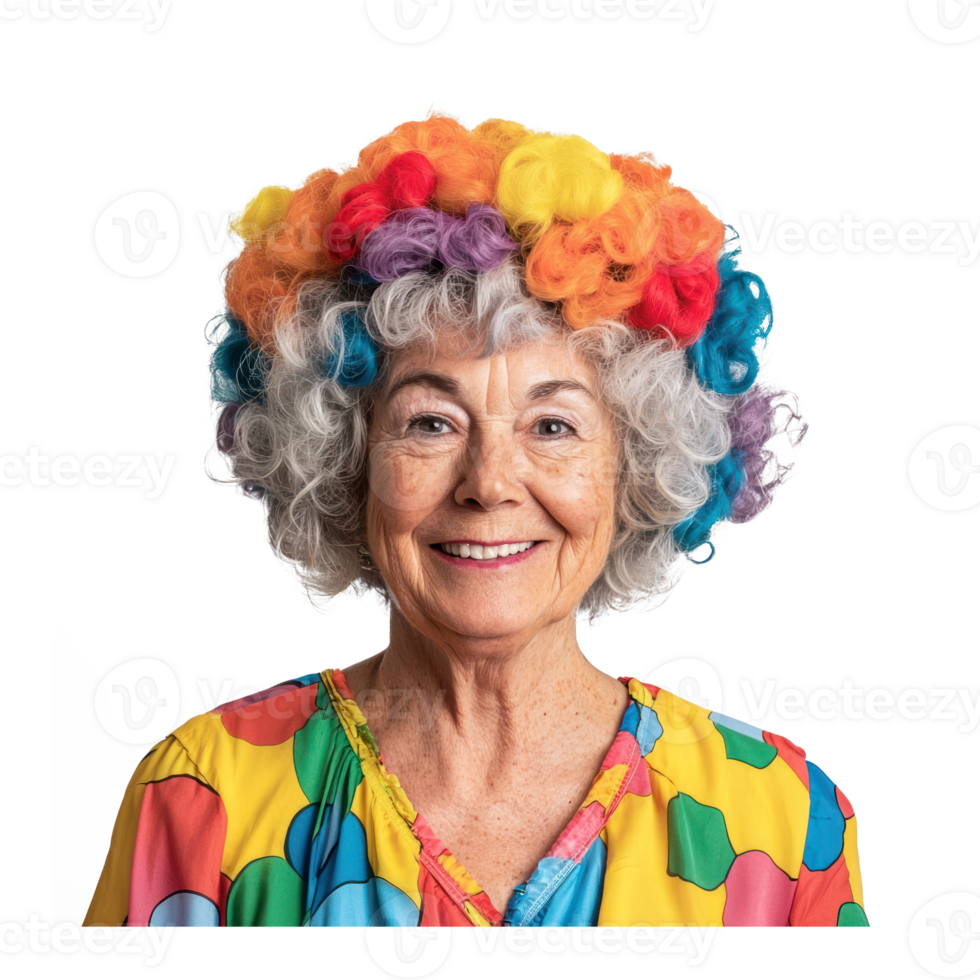 an older woman wearing a colorful wig and clown hat png