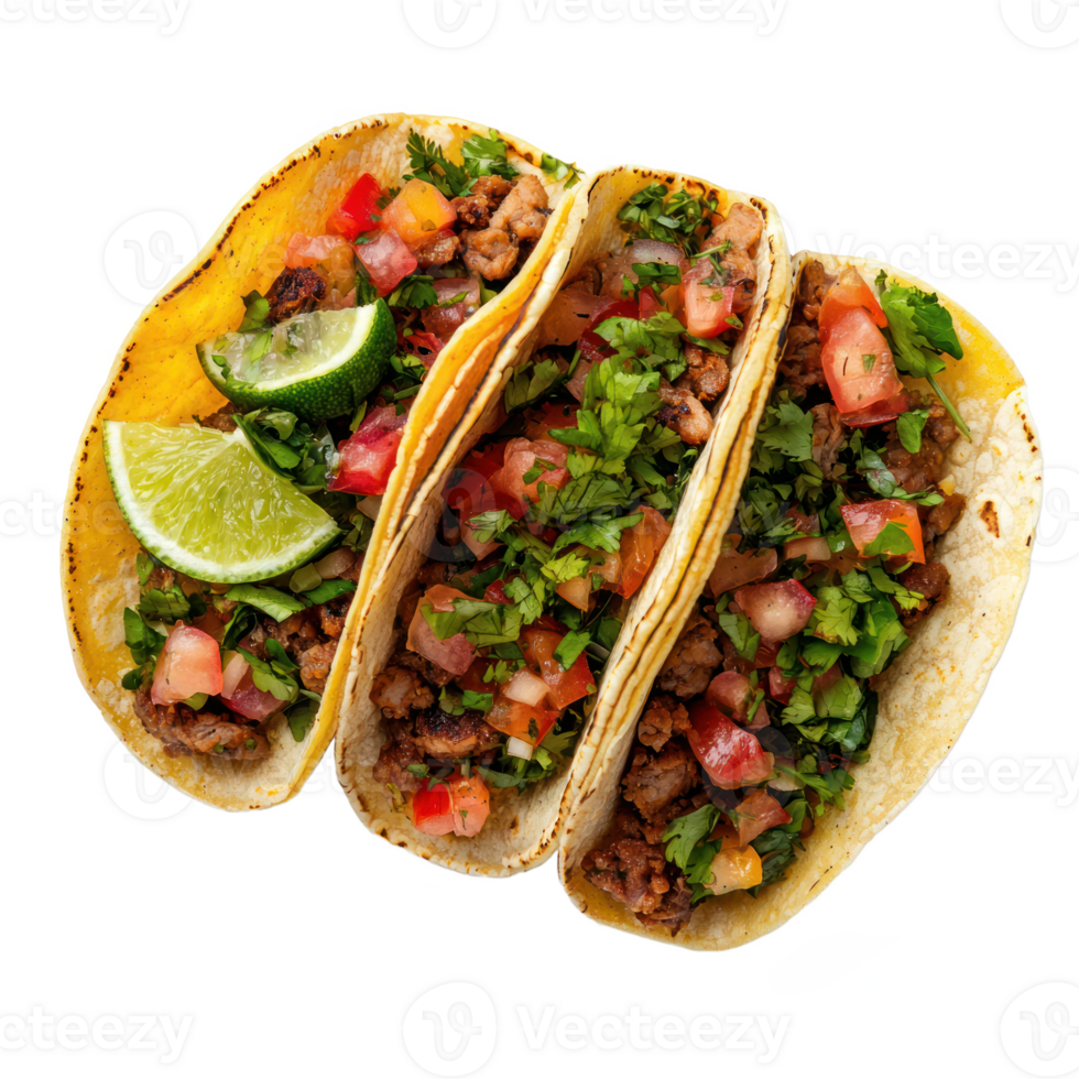 three tacos with meat and vegetables on a white background png