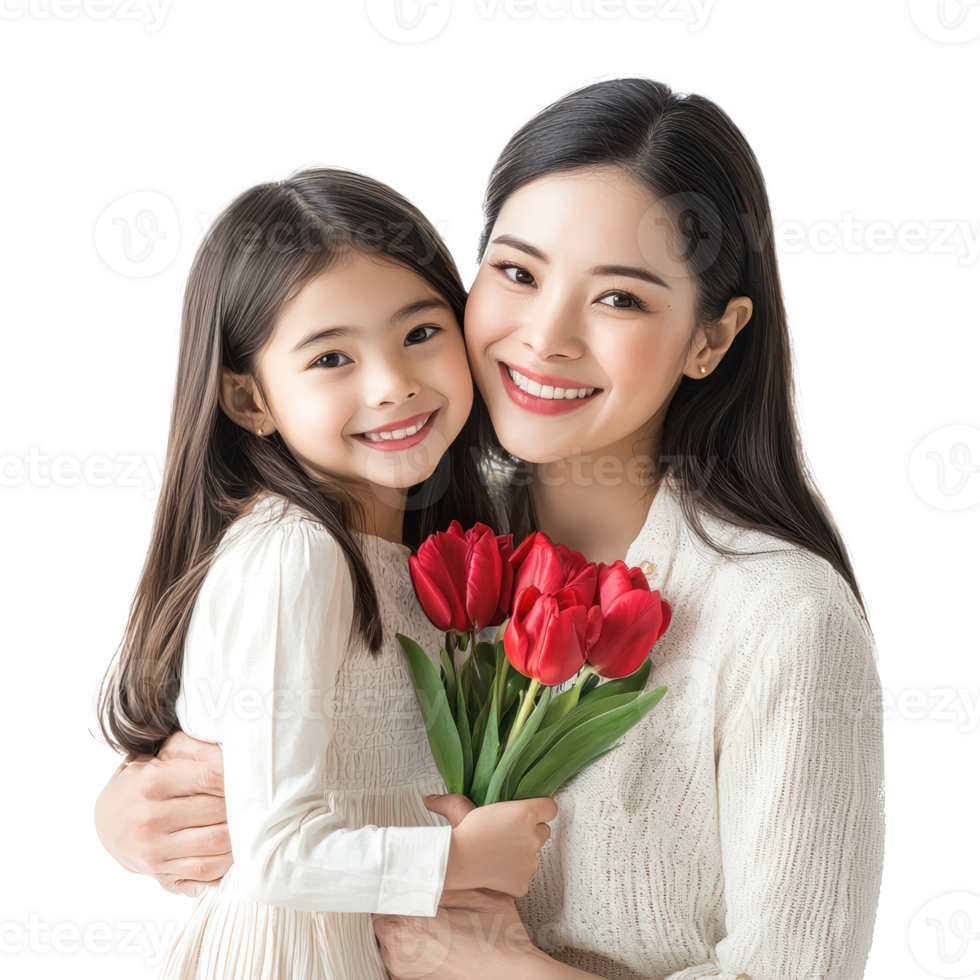 Mother and daughter celebrating mother day, standing front view isolate on transparent background png