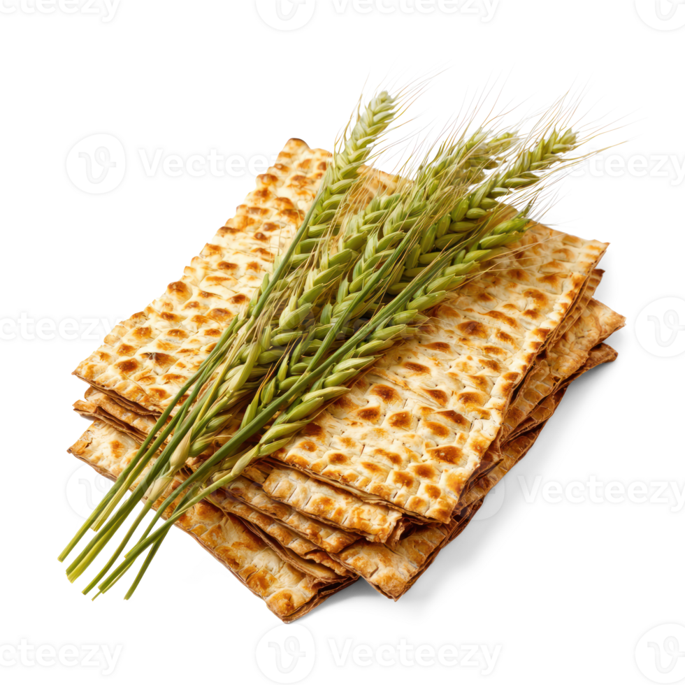 Fresh green wheat laying on top of a stack Matzoh side view isolate on transparent background png