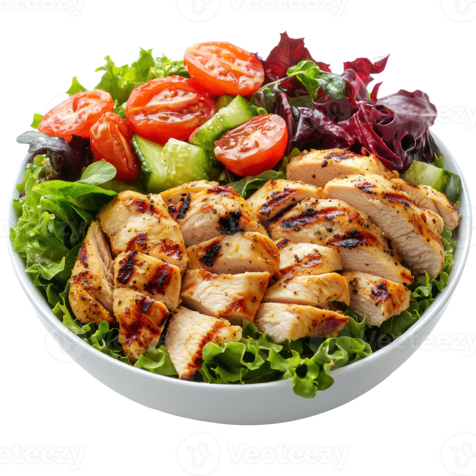 chicken salad with lettuce, tomatoes and cucumber on a white plate png