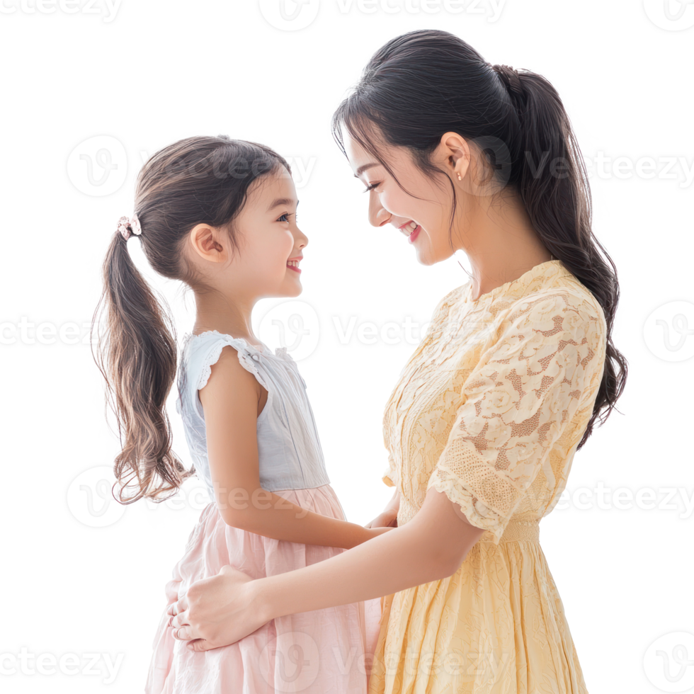 Mother and daughter celebrating mother day, standing side view isolate on transparent background png