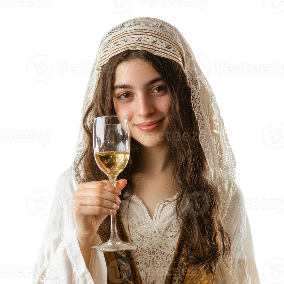 Young woman celebration Passover jewish holiday, standing isolate on transparent background png